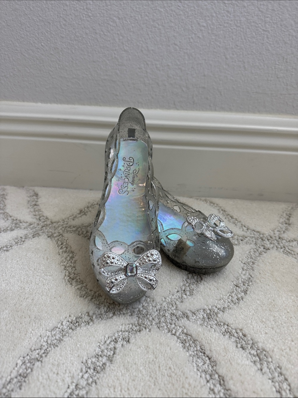 Disney Girls Silver Glitter Bow Cutout Flats